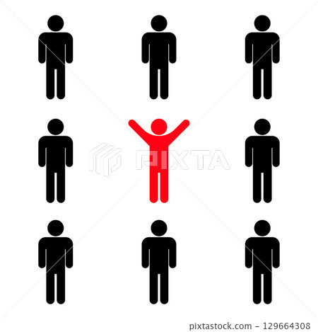 Stand Out from the Crowd. Unique Red Figure Among Black Silhouettes. Vector Illustration. 9 human figures arranged in a grid, with one central figure in bright red raising its arms. 129664308