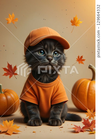 Charming black cat in season costume sitting on leaf covered ground 129664332