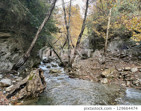 mountain river fast for waterfall rapids stream autumn. High quality photo mountain river fast for waterfall rapids stream autumn. High quality photo 129664474
