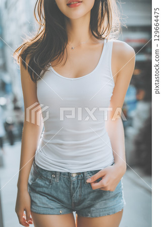 Portrait of a young woman wearing casual summer outfit 129664475