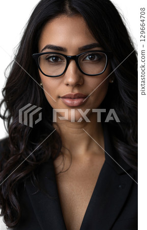 Middle Eastern businesswoman with wavy dark hair, oversized black glasses, and a serene expression, her presence highlighted by an upward-swinging Middle Eastern businesswoman with wavy dark hair, oversized black glasses, and a serene expression, her presence highlighted by an upward-swinging 129664708