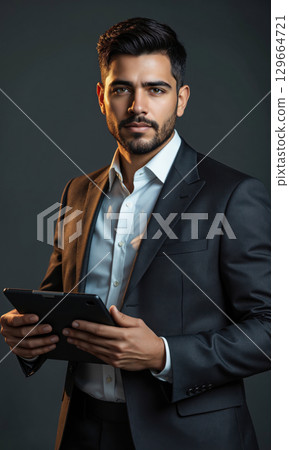 Hispanic male leader with short, well-groomed hair, confidently holding a tablet displaying digital trends and financial data, his expression thoughtful 129664721