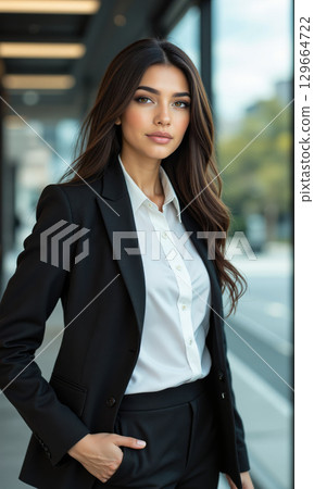 Hispanic Female Trust Architecture Latina, 35s, integrity-focused attire, building transparent structure, authentic expression, transparent background. 129664722