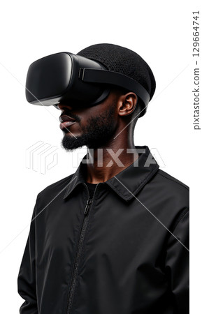Man VR Blackcap. A Black man wearing a black cap backwards, a dark jacket, and a VR headset, looks 129664741