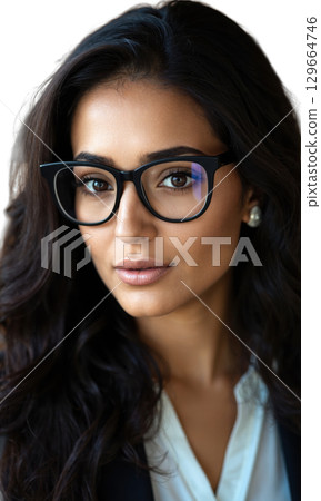 A Middle Eastern businesswoman with wavy dark hair and bold glasses, her focused eyes radiating determination, surrounded by soft glowing 129664746