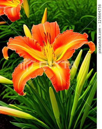 Daylily (Hemerocallis spp.) A hardy perennial plant that produces colorful, trumpet-shaped flowers in a wide variety of hues. Daylilies are 129664756