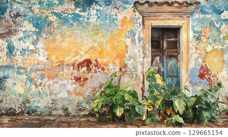 Old weathered wall with peeling paint, graffiti and tropical plants near vintage doorway 129665154