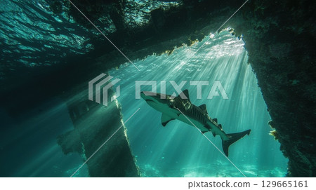 Large tiger shark exploring shipwreck with ocean light shining through water 129665161