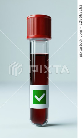 Healthcare blood collection tube with positive check sign label isolated on white 129665162