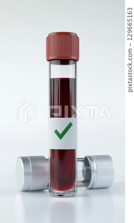 Laboratory test vial filled with blood and marked with green check symbol 129665163