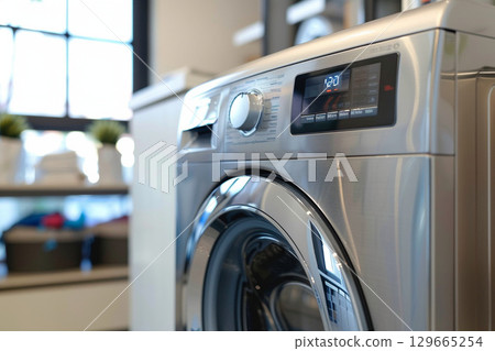 Modern silver washing machine with digital display in a bright laundry room  129665254