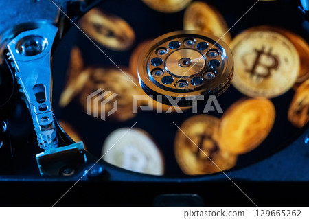 Reflection of gold coins of the cryptocurrency on the hard disk 129665262