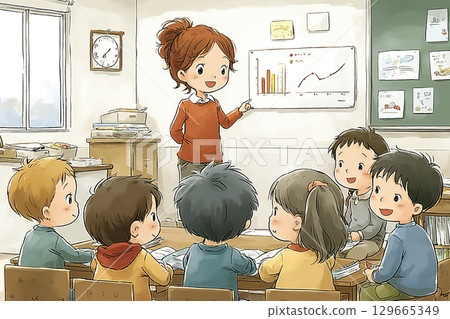A scene of children learning mathematics by looking at shapes and graphs with their teacher 129665349