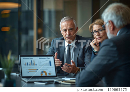 Team of senior business professionals in a meeting. A male executive leads a discussion, gesturing towards a laptop with charts and graphs in a modern corporate boardroom. Team of senior business professionals in a meeting. A male executive leads a discussion, gesturing towards a laptop with charts and graphs in a modern corporate boardroom. 129665375