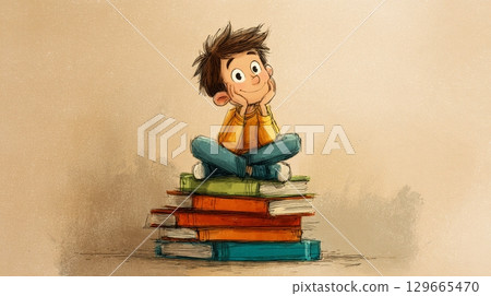 A boy sits on a stack of books, playful and engaged, reflecting joy and imagination 129665470