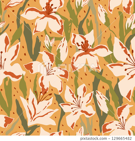 Hand drawn lily floral seamless pattern on yellow background. Vector botanical garden design, fall bouquet print 129665482
