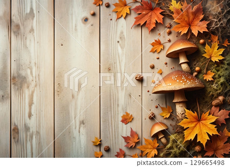 wooden background with forest mushrooms and autumn leaves wooden background with forest mushrooms and autumn leaves 129665498