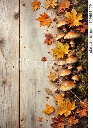 wooden background with forest mushrooms and autumn leaves wooden background with forest mushrooms and autumn leaves 129665499