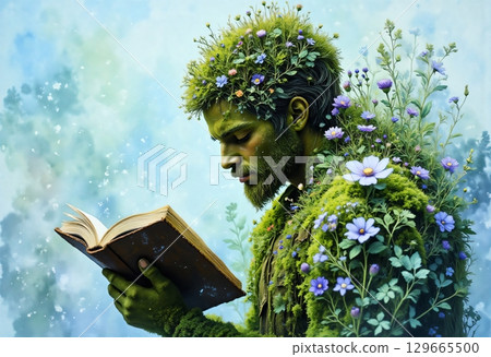 A forest druid reads a magic book among flowers 129665500