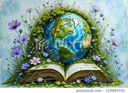 open book, planet earth in unity with nature 129665502