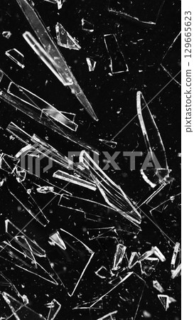 Dirty Glass Broken into a Large Number of Pieces and Parts, a Piece of Glass with a lot of Cracks and Broken Parts. Isolated on Black Background. Dirty Glass Broken into a Large Number of Pieces and Parts, a Piece of Glass with a lot of Cracks and Broken Parts. Isolated on Black Background. 129665623