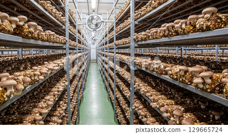 Wide-angle view of a contemporary mushroom farm featuring neatly arranged columns of shiitake mushrooms growing on substrate blocks. The environment is optimized for fungal growth and productivity. Wide-angle view of a contemporary mushroom farm featuring neatly arranged columns of shiitake mushrooms growing on substrate blocks. The environment is optimized for fungal growth and productivity. 129665724