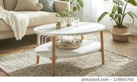 White coffee table with a basket on top of it 129665768