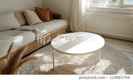 White coffee table sits in the middle of a living room with a white couch 129665769