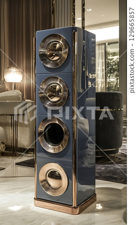 Tall speaker with a gold rim sits in a living room 129665857
