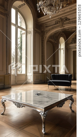 Large room with a black couch and a white table 129665858