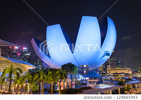 Marina Bay Sands and ArtScience Museum at night in Singapore 129665943