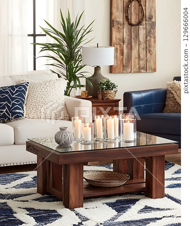 A living room with a wooden coffee table in the center 129666004