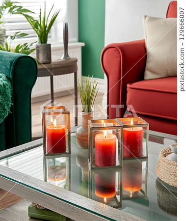 A living room with a red couch and a green couch 129666007