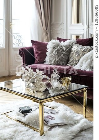 A living room with a couch, coffee table, and a window 129666085