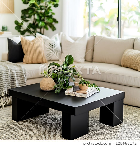 A black coffee table with a few potted plants and a few books on it A black coffee table with a few potted plants and a few books on it 129666172