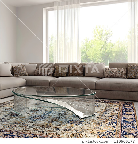 A living room with a glass coffee table and a large couch 129666178