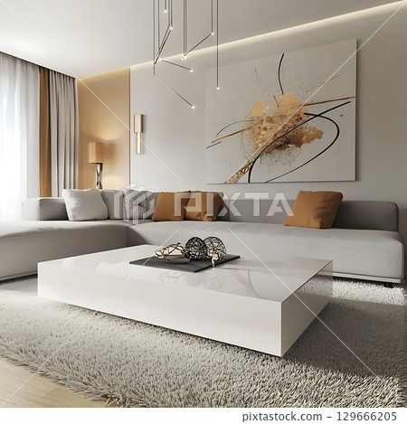 A white living room with a white coffee table and a white couch 129666205