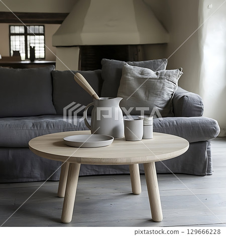 A wooden coffee table with a pitcher and two cups on it 129666228