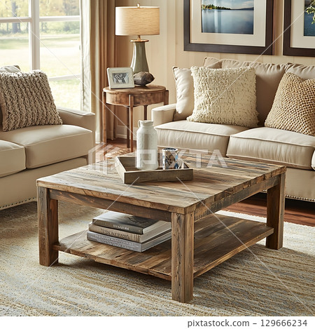 A living room with a wooden coffee table and a couch 129666234