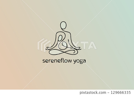 Sereneflow yoga minimalist line art logo, continuous single stroke of meditating figure in lotus position Sereneflow yoga minimalist line art logo, continuous single stroke of meditating figure in lotus position 129666335