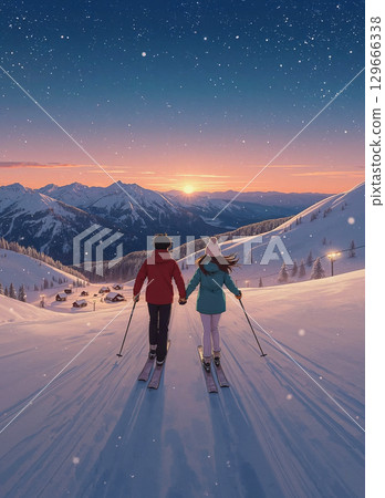 Serene anime illustration of a couple on a ski slope at twilight. They hold hands and look out at the sunset over a vast, snowy mountain range and a cozy village below. 129666338