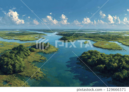 A wetland river with clouds spreading 129666371