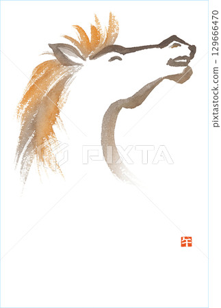Year of the Horse Watercolor Horse Profile New Year's Card Template (No Text) 129666470