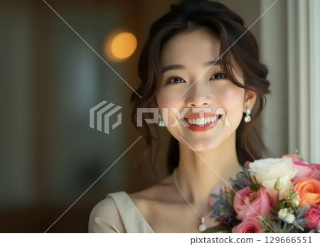 Smiling young woman holding a bouquet Smiling young woman holding a bouquet 129666551