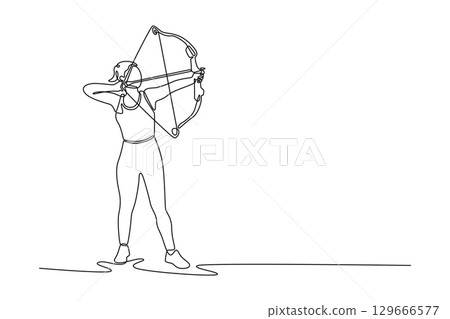 Continuous line drawing attractive woman with a bow and arrow. Showcasing elegant poise and intense concentration required for the sport of archery. Single line draw design vector graphic illustration Continuous line drawing attractive woman with a bow and arrow. Showcasing elegant poise and intense concentration required for the sport of archery. Single line draw design vector graphic illustration 129666577