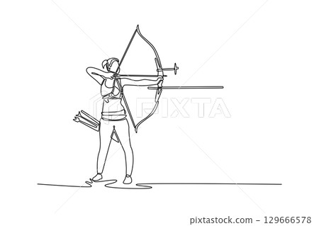 Single line drawing focused woman is aiming her recurve bow. Embodying determination, strength, and the poised skill of dedicated archer. Modern continuous line draw design graphic vector illustration Single line drawing focused woman is aiming her recurve bow. Embodying determination, strength, and the poised skill of dedicated archer. Modern continuous line draw design graphic vector illustration 129666578