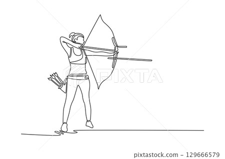 Continuous line drawing woman archer in an athletic pose is aiming her bow and arrow. Representing female empowerment, healthy lifestyle, and skill. Single line draw design vector graphic illustration Continuous line drawing woman archer in an athletic pose is aiming her bow and arrow. Representing female empowerment, healthy lifestyle, and skill. Single line draw design vector graphic illustration 129666579