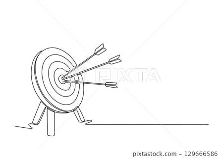 Continuous line drawing of a target with three arrows in the center rings symbolizes high accuracy, precision, and the focused achievement of goals. Single line draw design vector graphic illustration 129666586