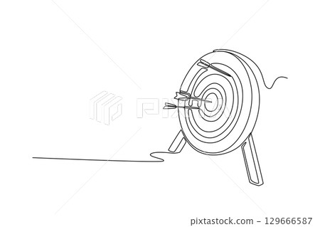 One line drawing archery target with two arrows hitting the center rings at field. Symbolizing precision, strategy, and reaching goals. Modern continuous line draw design graphic vector illustration 129666587