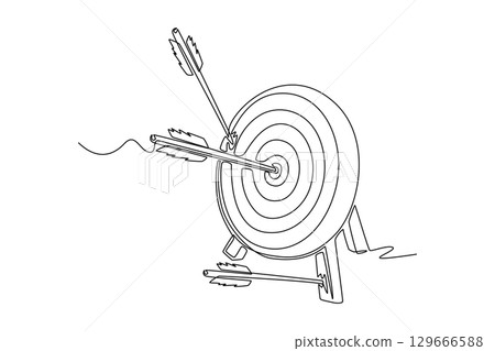Single line drawing of archery target with two arrows hitting the mark and one arrow in the ground. Symbolizing hitting goals and importance of aiming. One line draw graphic design vector illustration 129666588